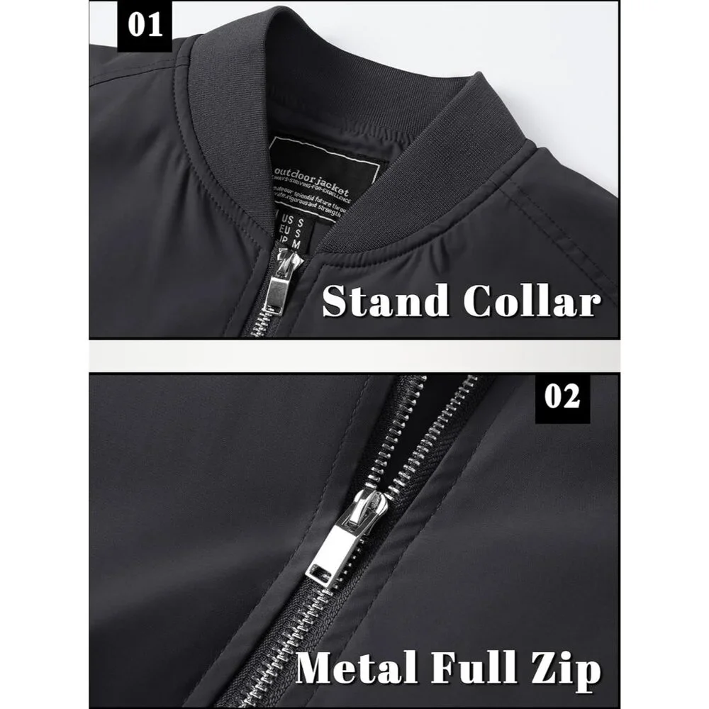 Men's 01 C Black Bomber Jacket Coat Lightweight Casual Windbreaker Zip Up Pocket - Picture 5 of 7